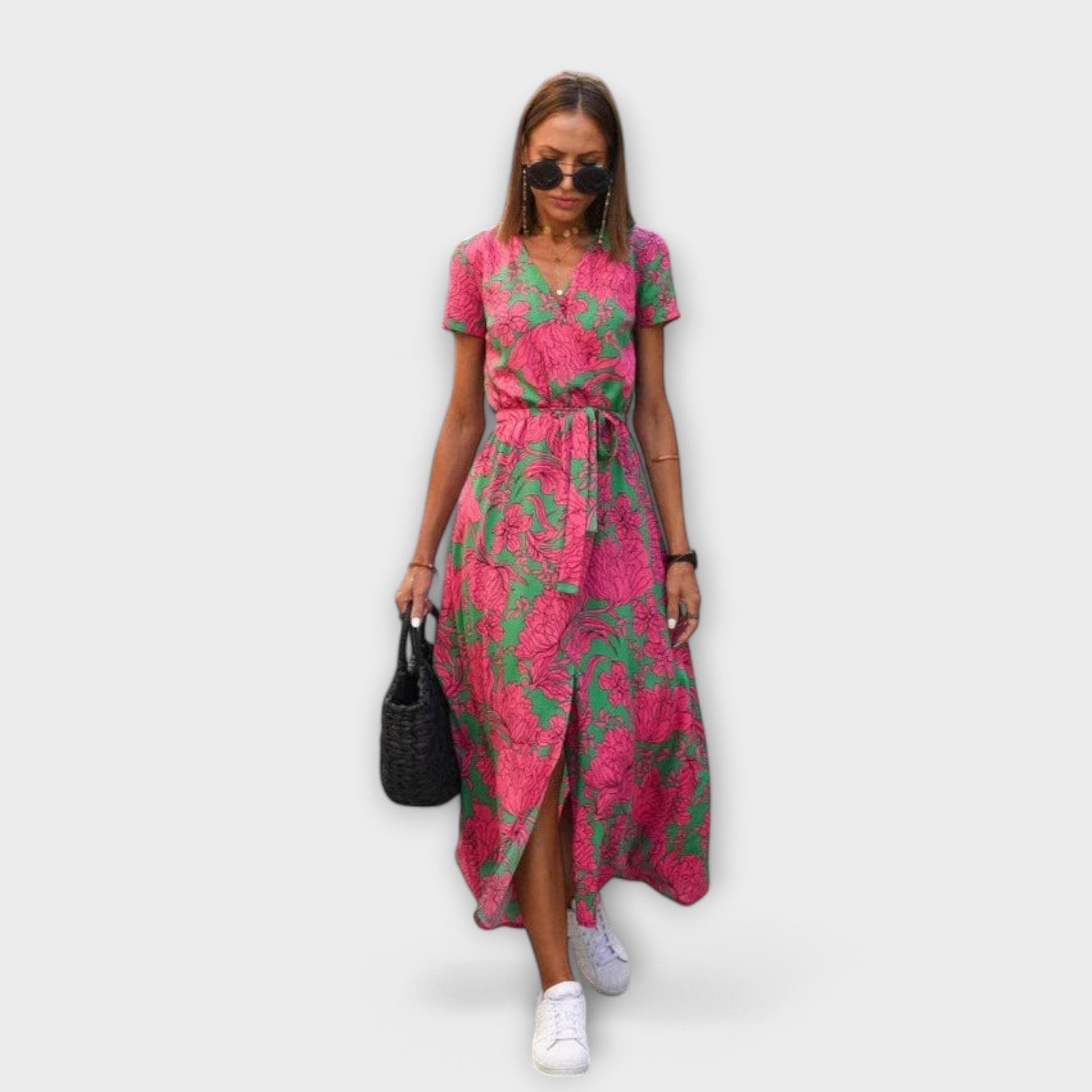 Robe Féminine Décontractée avec Col en V et Ceinture - BerlinGlamour
