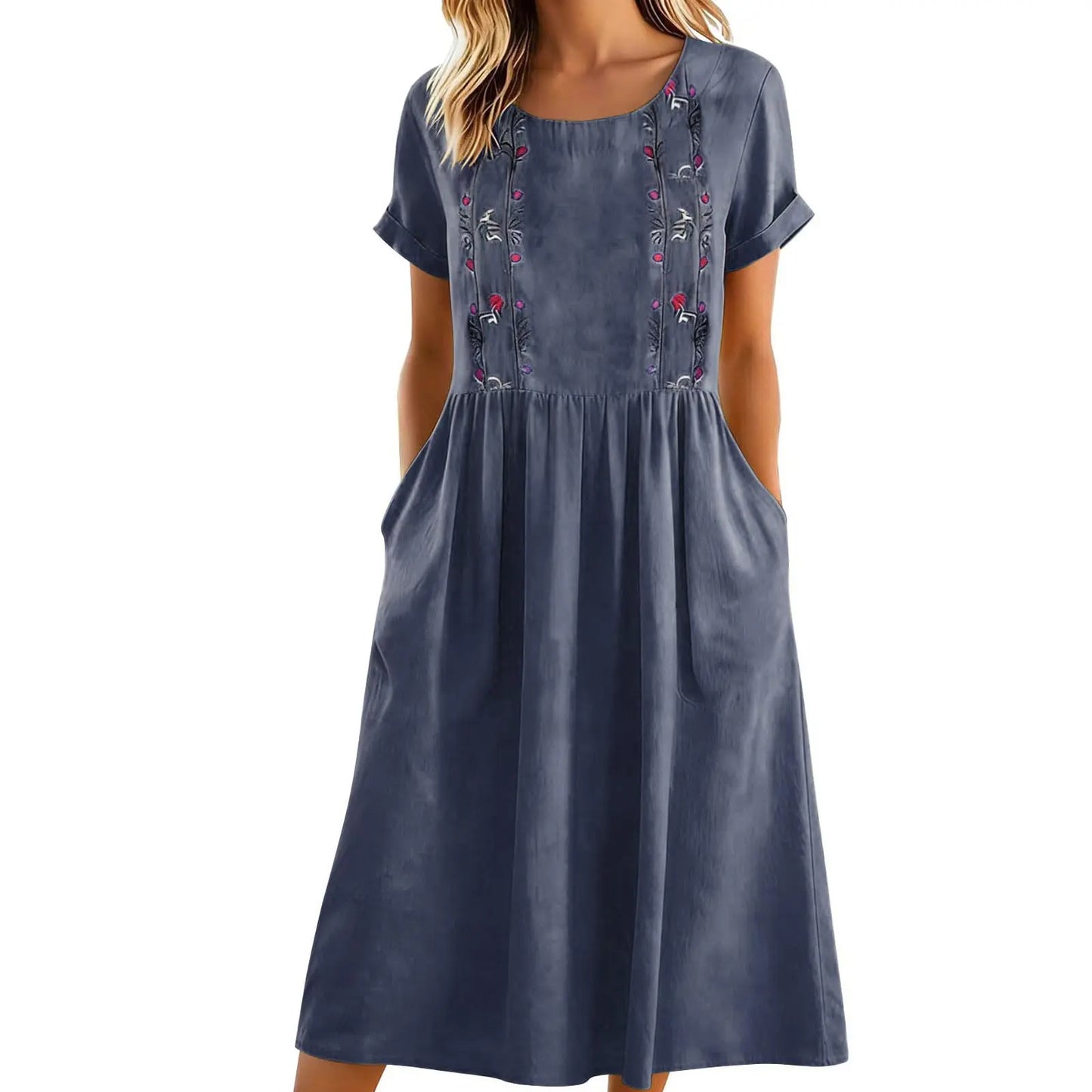 Robe midi Femme Broderie Poches Coupe Aline
