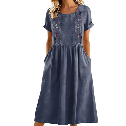 Robe midi Femme Broderie Poches Coupe Aline