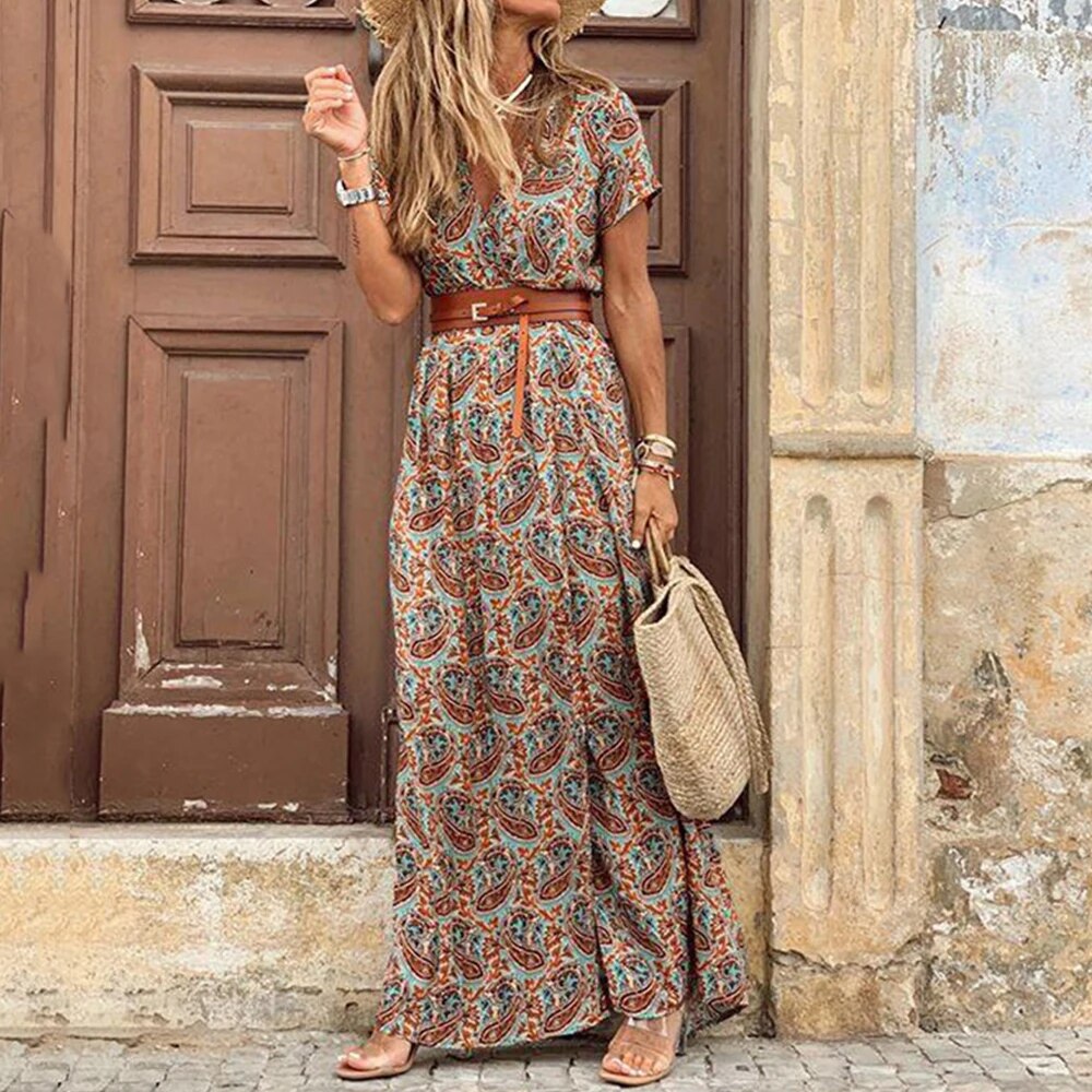 Robe longue fleurie décontractée pour femme avec ceinture -> Robe longue fleuriée femme décontractée élégante - PanierRoyale