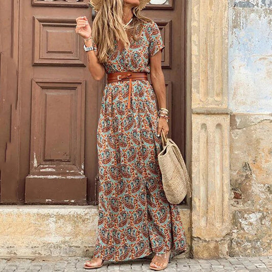 Robe longue fleurie décontractée pour femme avec ceinture -> Robe longue fleuriée femme décontractée élégante - PanierRoyale