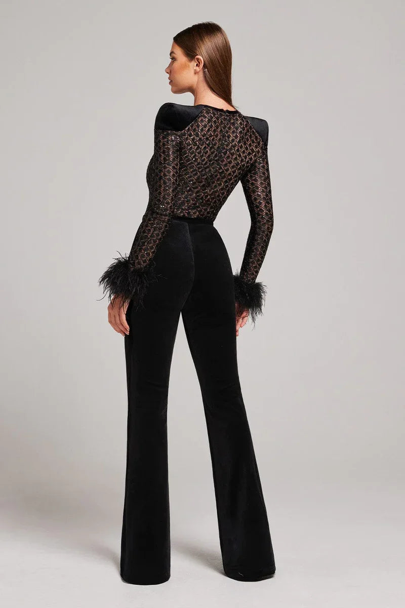 Combinaison Bustier Éclairante à Paillettes et Plumes