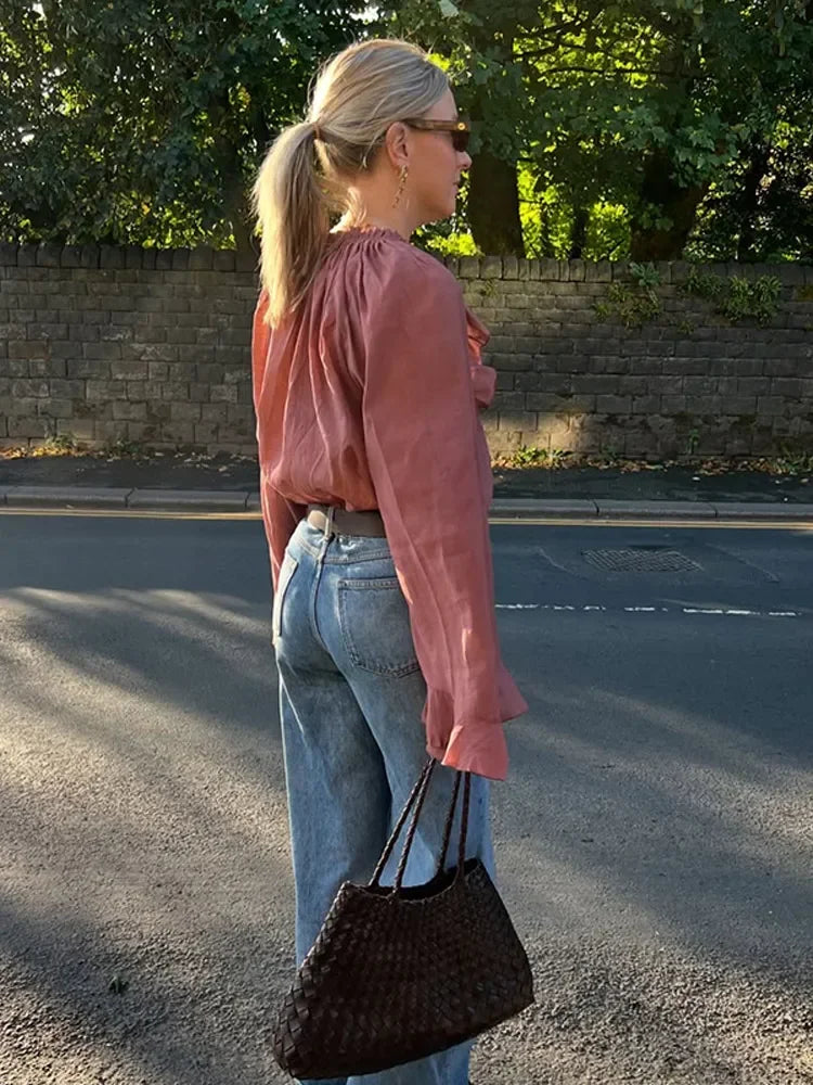 Blouse en Soie Transparente Brun Femelle Élégante