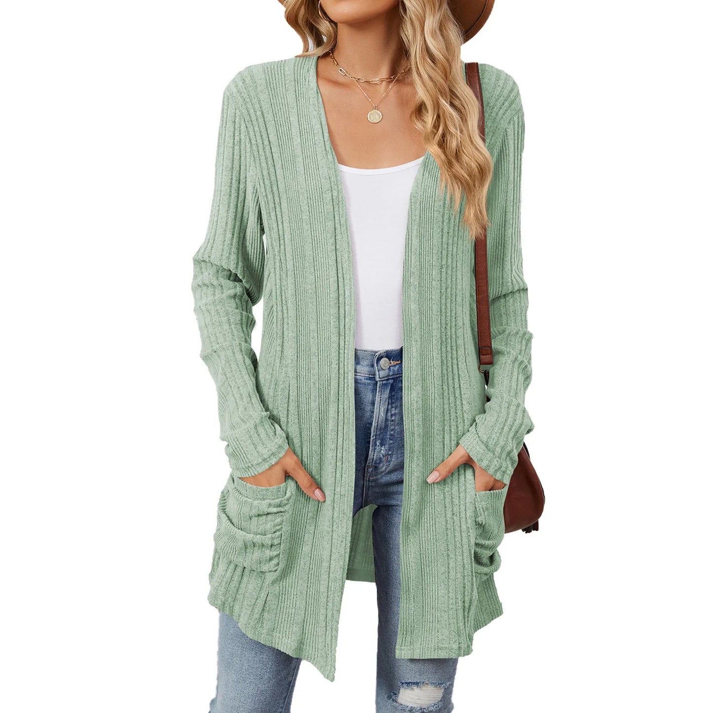 Cardigan Féminin Détendu avec Poches et Manches Longues