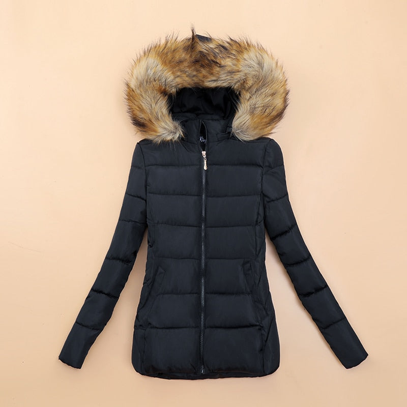 Veste Femme Hivernale Élégante à Capuche avec Col Fourrure Synthétique