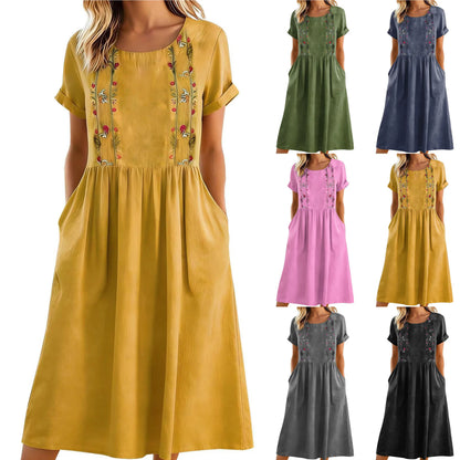 Robe midi Femme Broderie Poches Coupe Aline