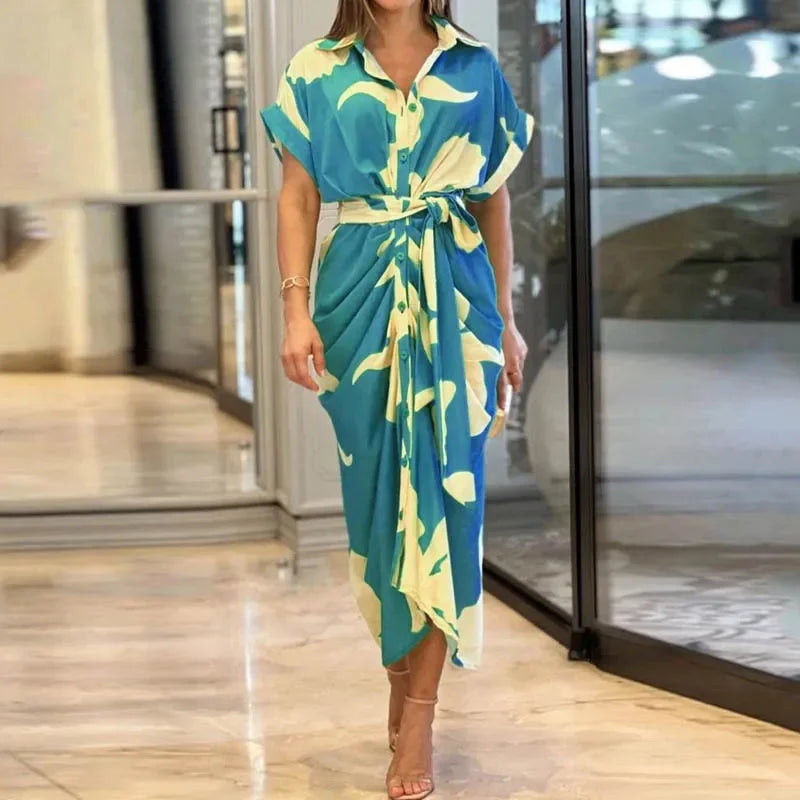 Robe midi Femme Ceinturée Col Chemise Manches Courtes
