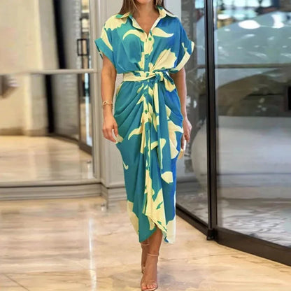 Robe midi Femme Ceinturée Col Chemise Manches Courtes