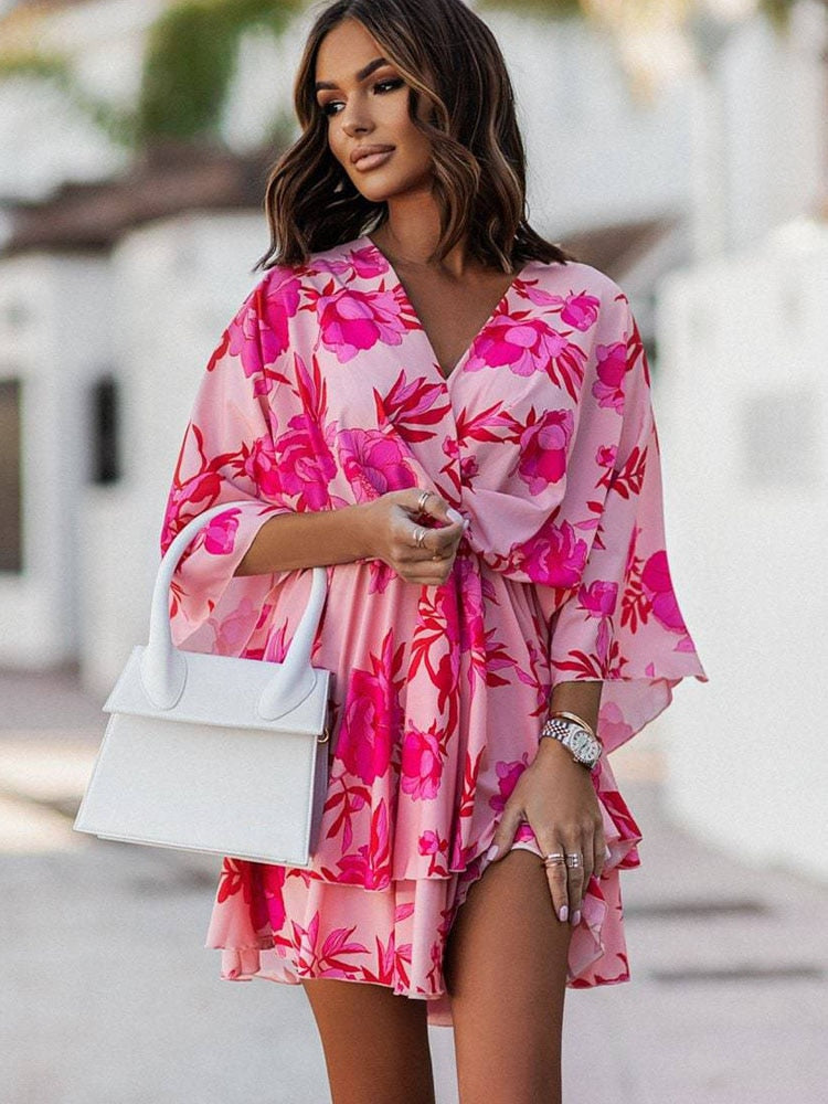 Robe Été Florale Manche Courte pour Femme