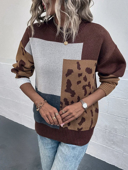 Pull Col Rond Léopard à Manches Longues Féminin