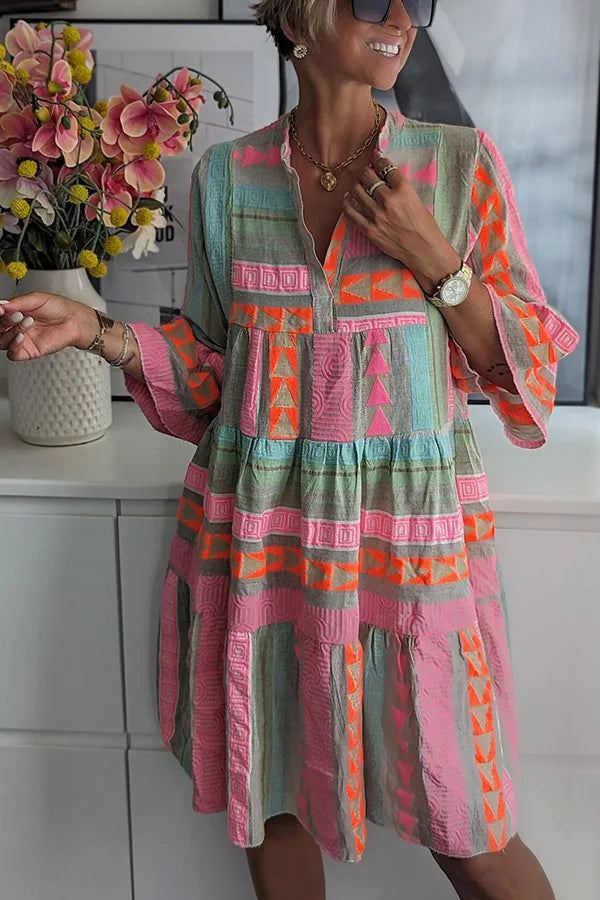 Robe Courte Femme Coton Imprimé Manches Volantes Style Bohème