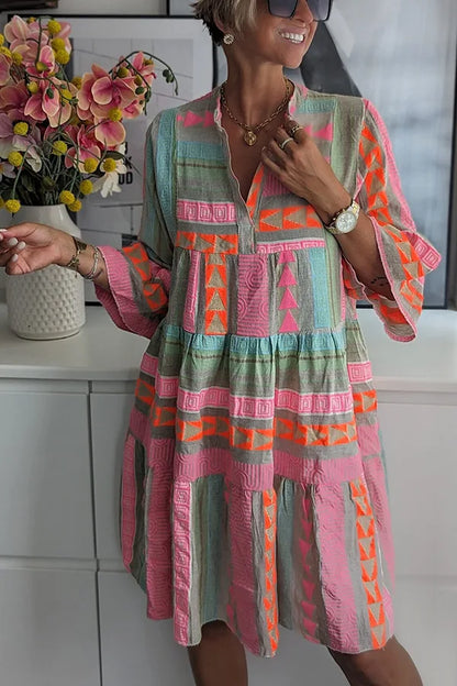 Robe Courte Femme Coton Imprimé Manches Volantes Style Bohème