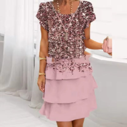 Robe Femme Fluide Volants Col Rond Manches Courtes