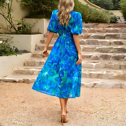 Robe Midi Femme Imprimée Col V Taille Empire Manches Courtes