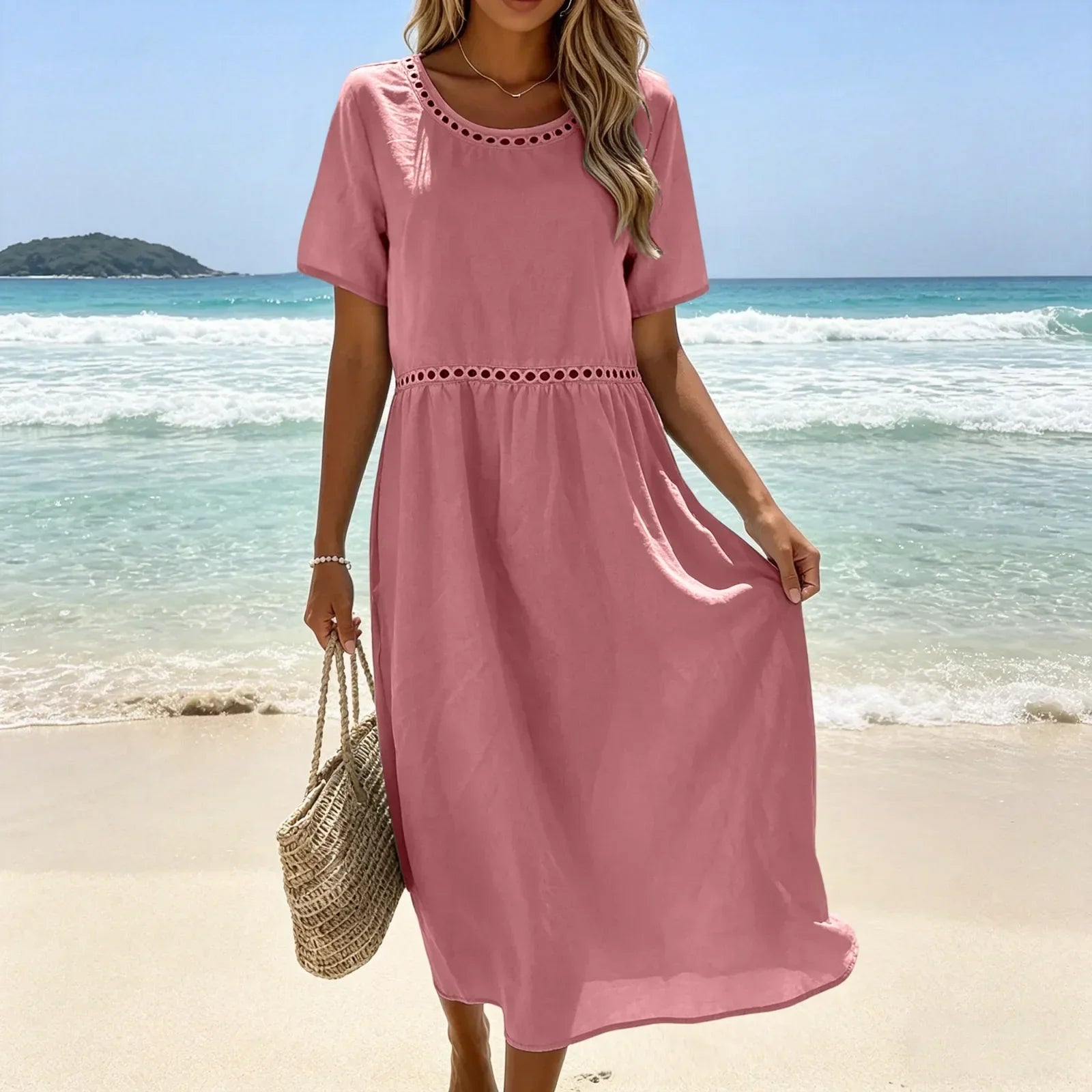 Robe longue Femme Coton Mélangé Coupe Fluide Détails Ajourés - PanierRoyale