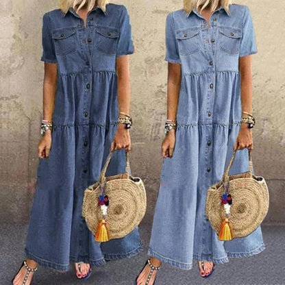 Robe Jeans Femme Élégante Taille Cintrée avec Volants - PanierRoyale