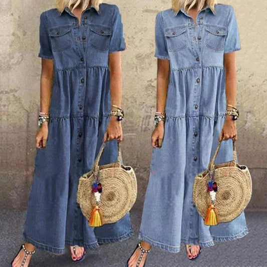 Robe Jeans Femme Élégante Taille Cintrée avec Volants - PanierRoyale