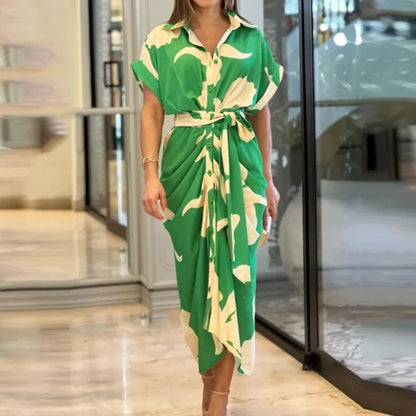 Robe midi Femme Ceinturée Col Chemise Manches Courtes - PanierRoyale