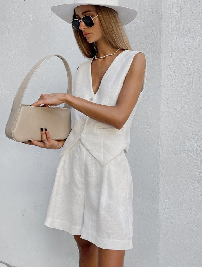 Ensemble Femme Coton Lin Gilet Boutonné Short Assorti