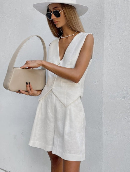 Ensemble Femme Coton Lin Gilet Boutonné Short Assorti