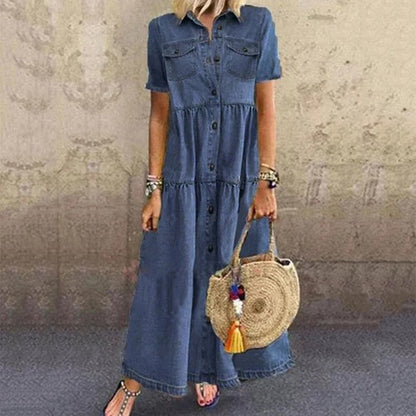 Robe Jeans Femme Élégante Taille Cintrée avec Volants