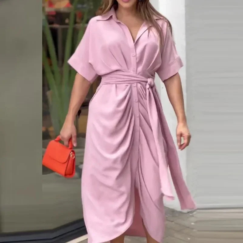 Robe midi Femme Ceinturée Col Chemise Manches Courtes