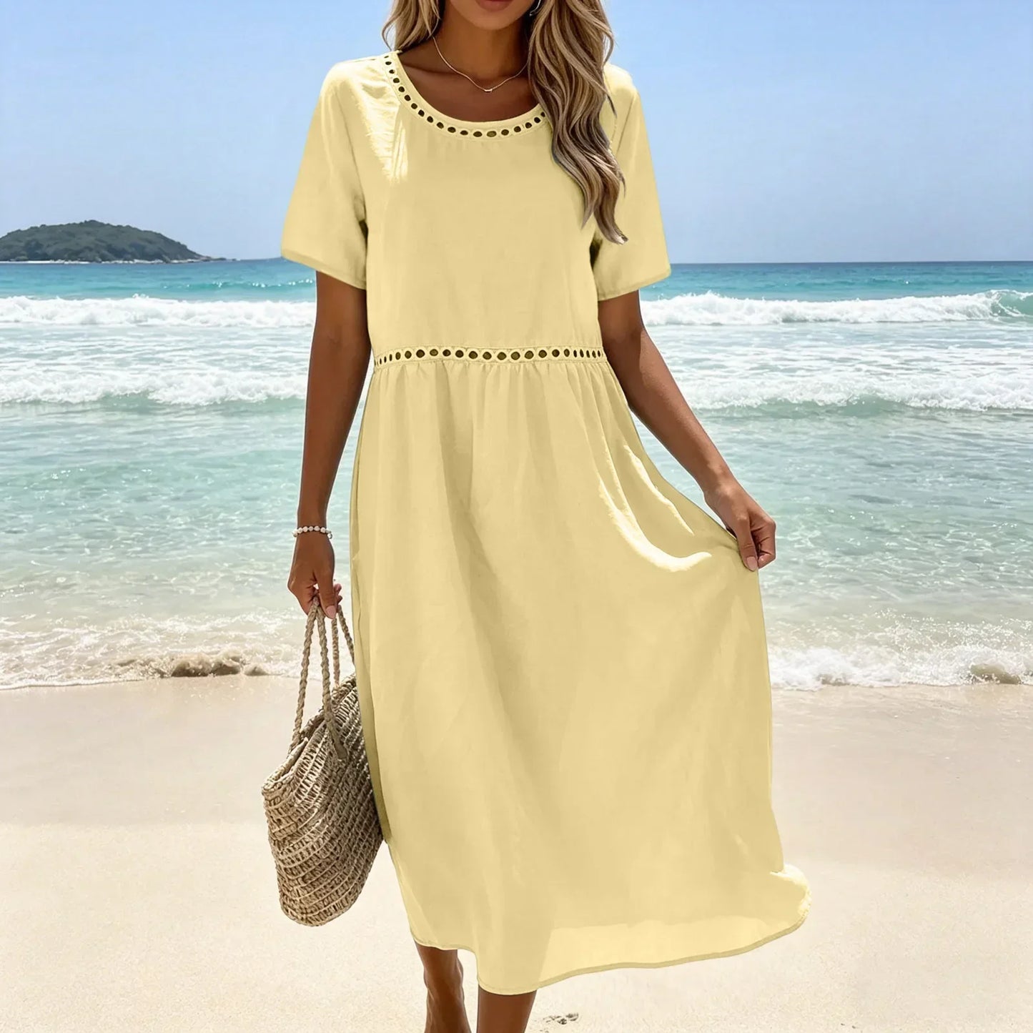 Robe longue Femme Coton Mélangé Coupe Fluide Détails Ajourés