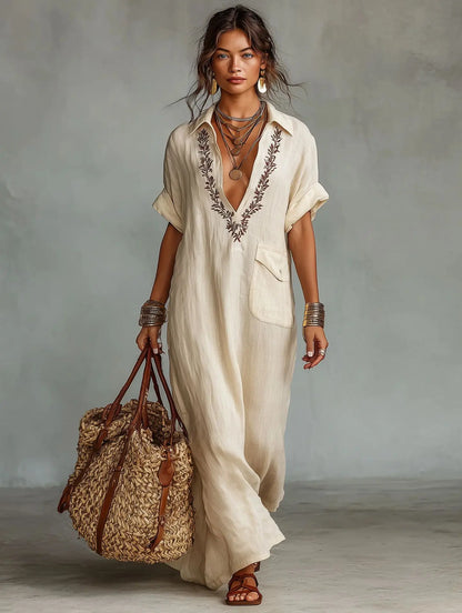Robe Kaftan Femme Broderie Col en V Coupe Ample