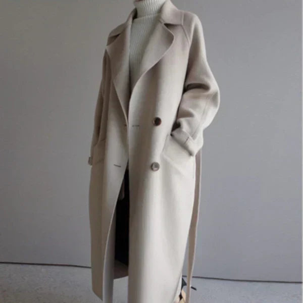 Manteau Long Femme Laine Mélangée Ceinturé Coupe Ajustée