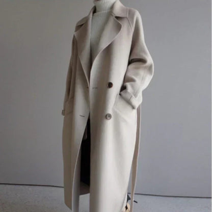 Manteau Long Femme Laine Mélangée Ceinturé Coupe Ajustée