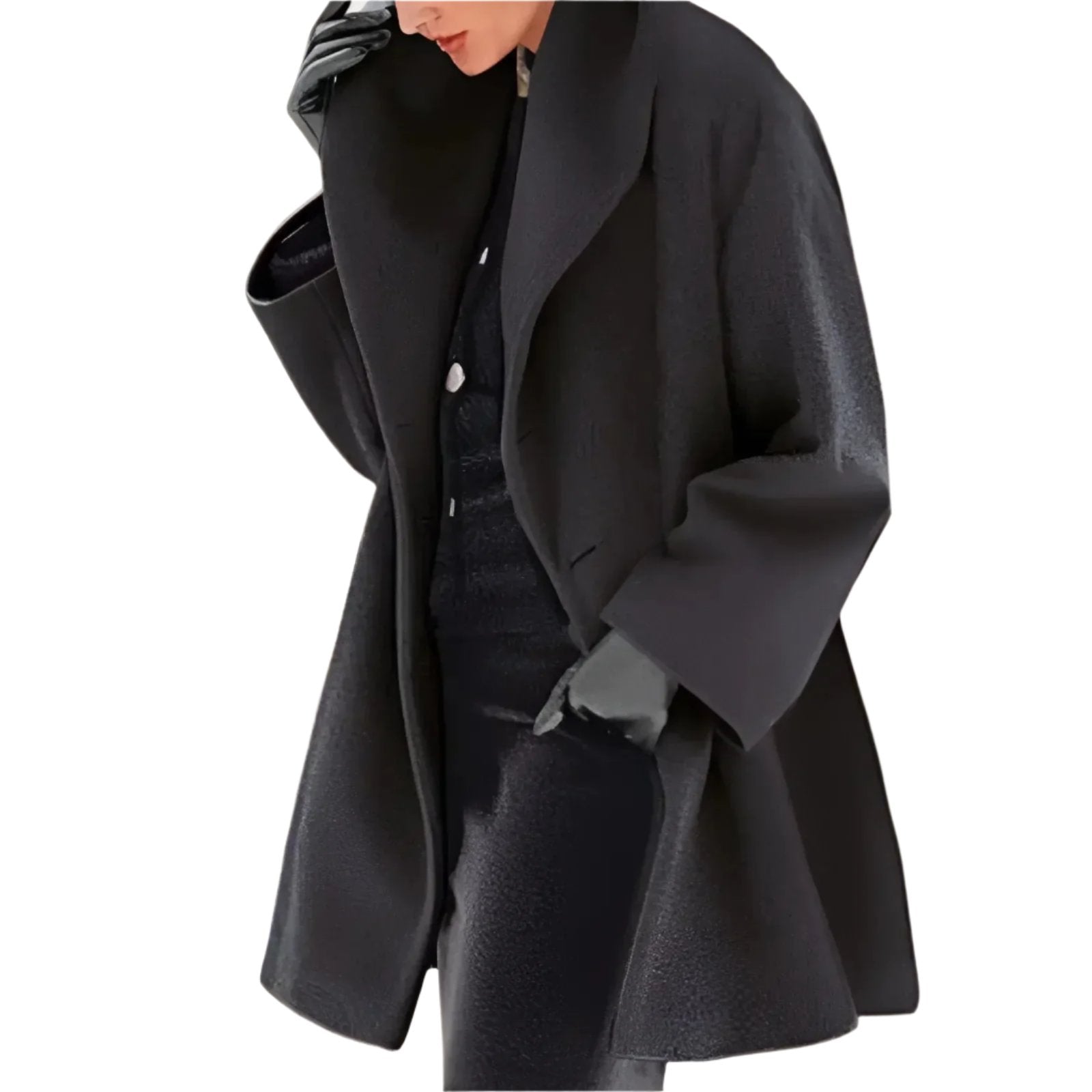 Manteau Femme Noir Élégant Col V - PanierRoyale