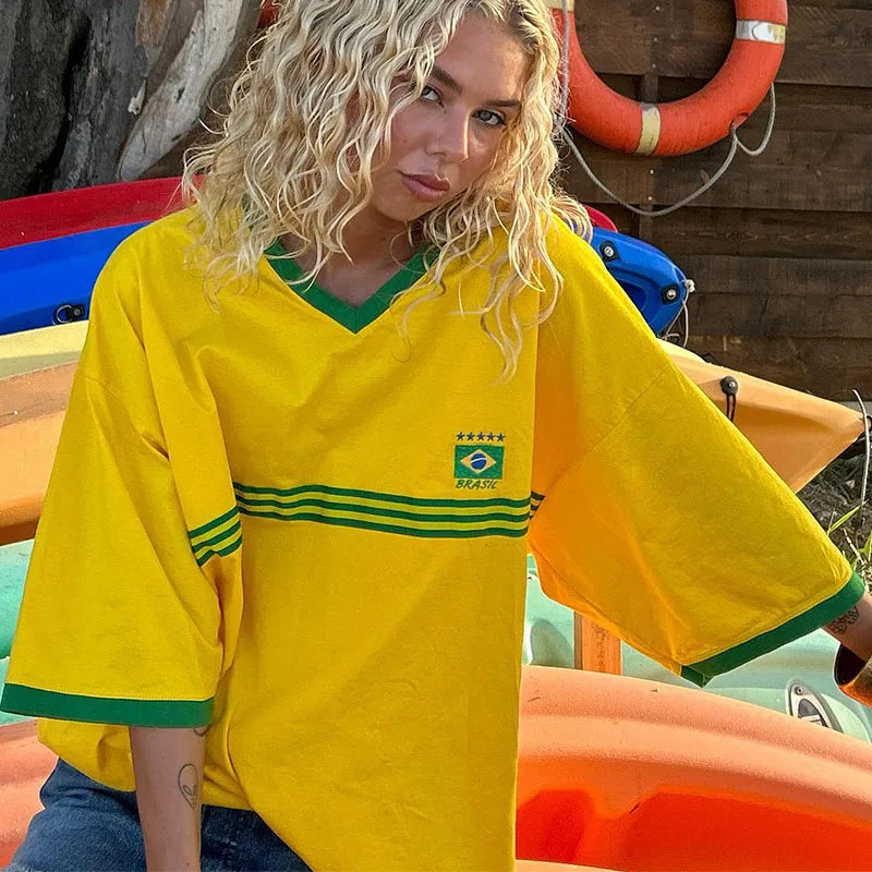 T-Shirt Femme Décontracté Style Football Vintage