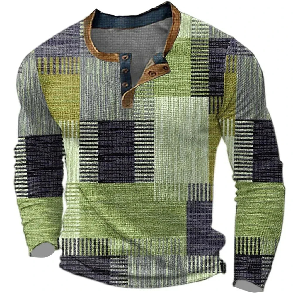T-shirt Homme Coton Col Henley Manches Longues Coupe Patchwork