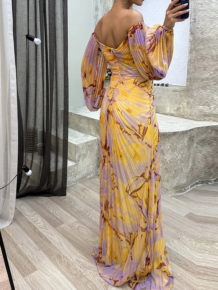 Robe Soirée Été Décolleté Off-Shoulder Imprimée Jaune Lilas