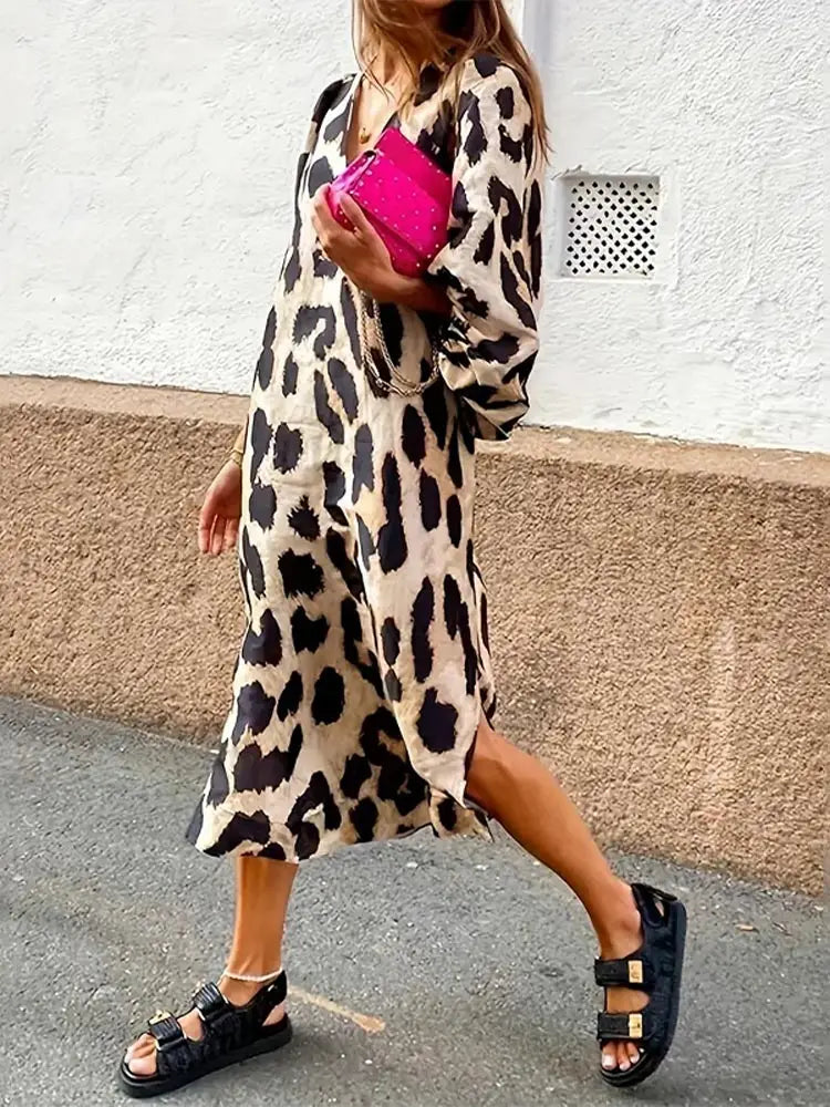 Robe Léopard Femme Décontractée avec Manches Courtes pour Au Quotidien - PanierRoyale