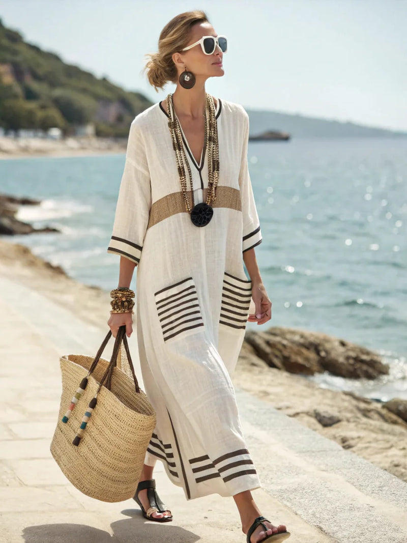 Robe Maxi Femme Lin Col en V Coupe Ample - PanierRoyale