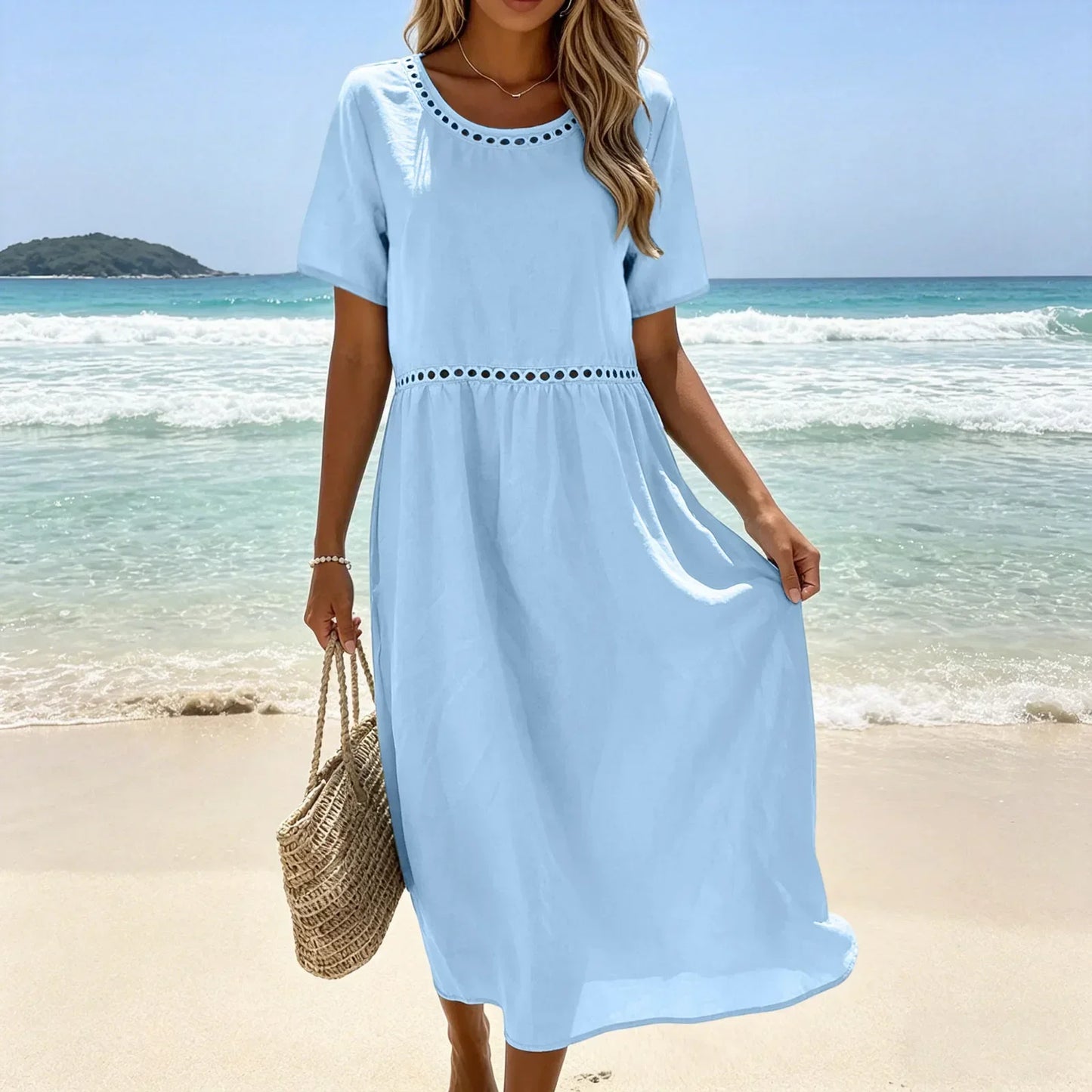 Robe longue Femme Coton Mélangé Coupe Fluide Détails Ajourés