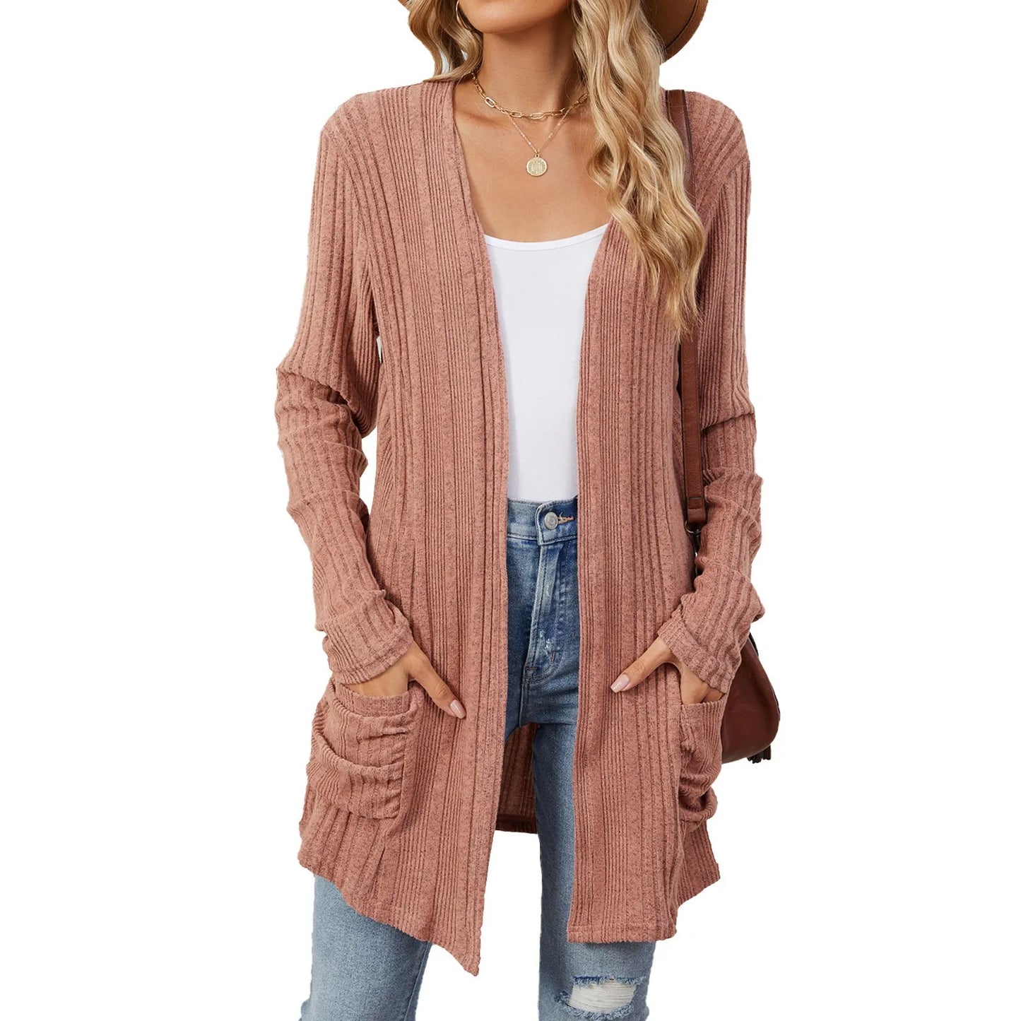 Cardigan Féminin Détendu avec Poches et Manches Longues