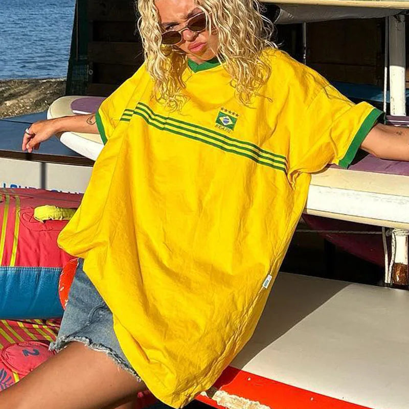 T-Shirt Femme Décontracté Style Football Vintage