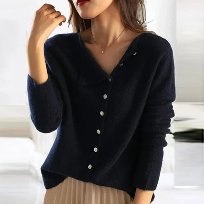 Gilet Femme Laine Épaisse Bleu Marine Boutonné