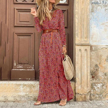 Robe longue fleurie décontractée pour femme avec ceinture -> Robe longue fleuriée femme décontractée élégante