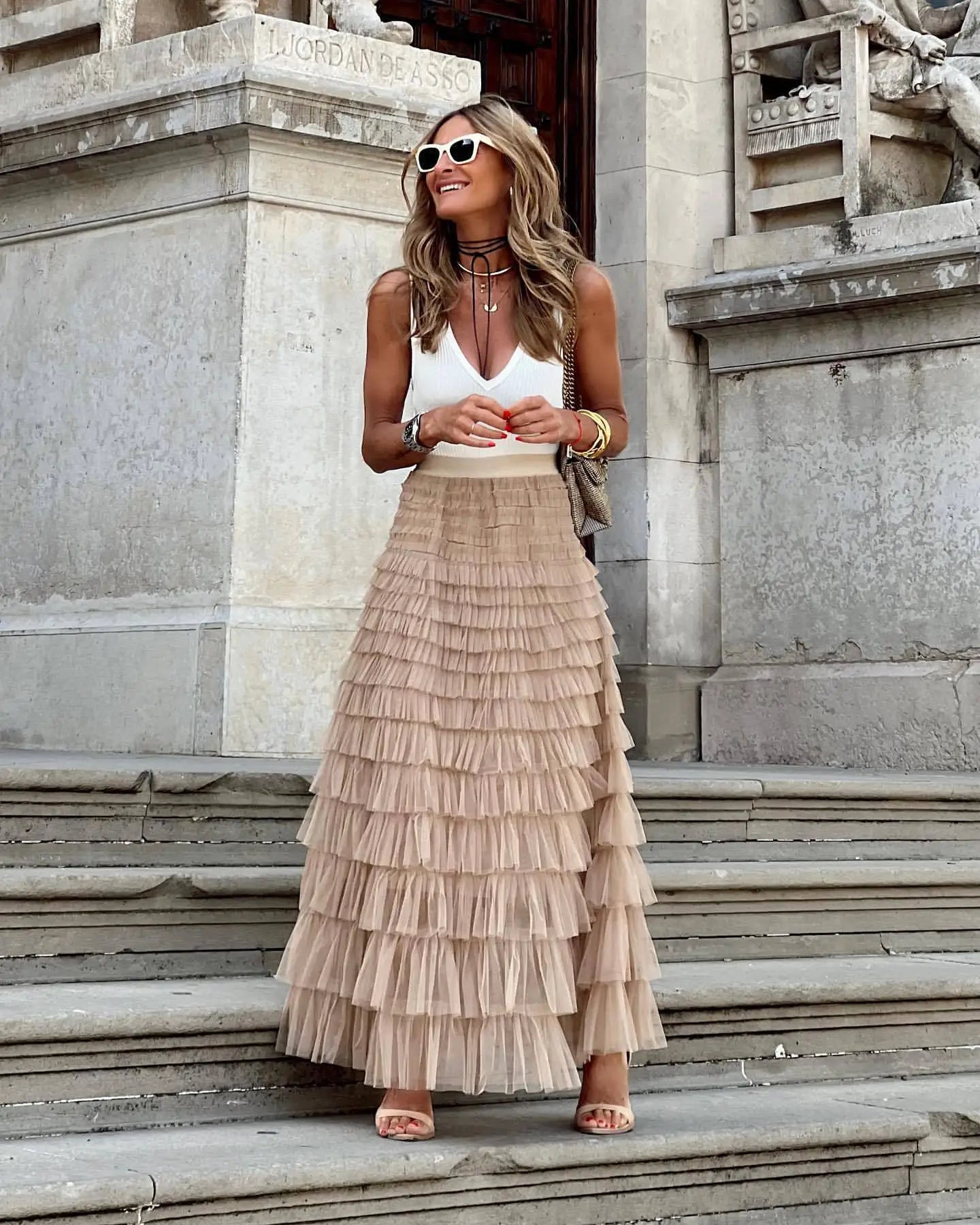 Jupe Longue Plissée en Coton pour Femme