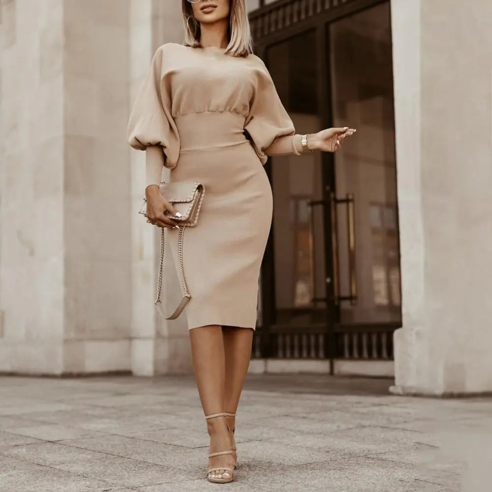 Robe de Soirée Femme Manches Bouffantes Mi-Longue