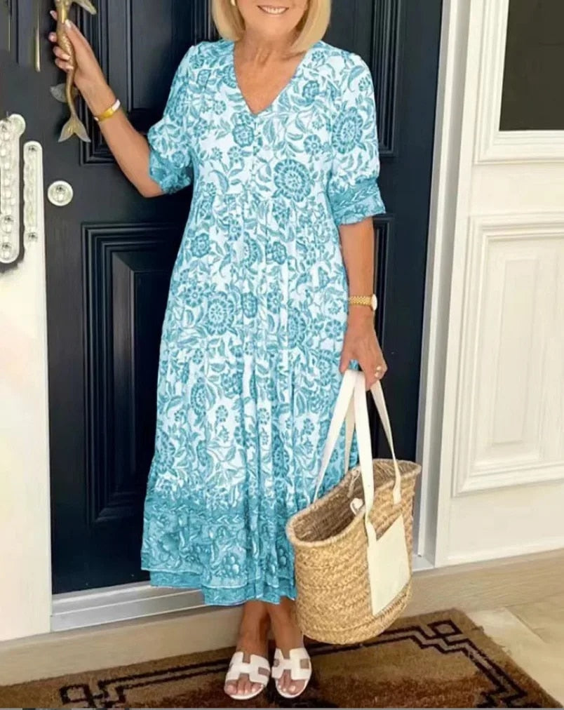 Robe Femme Fluide Imprimé Floral Col V Manches Courtes