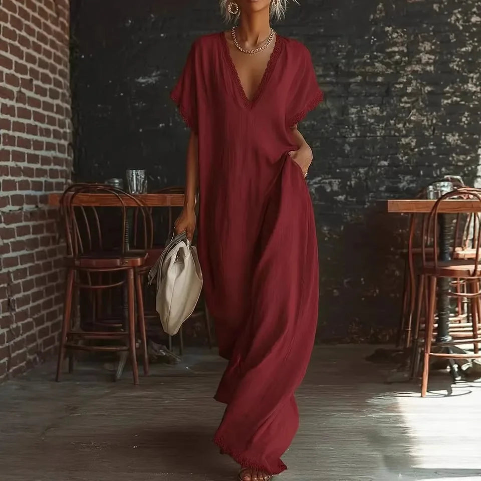 Robe longue Femme Fluide Col en V Finitions Dentelle