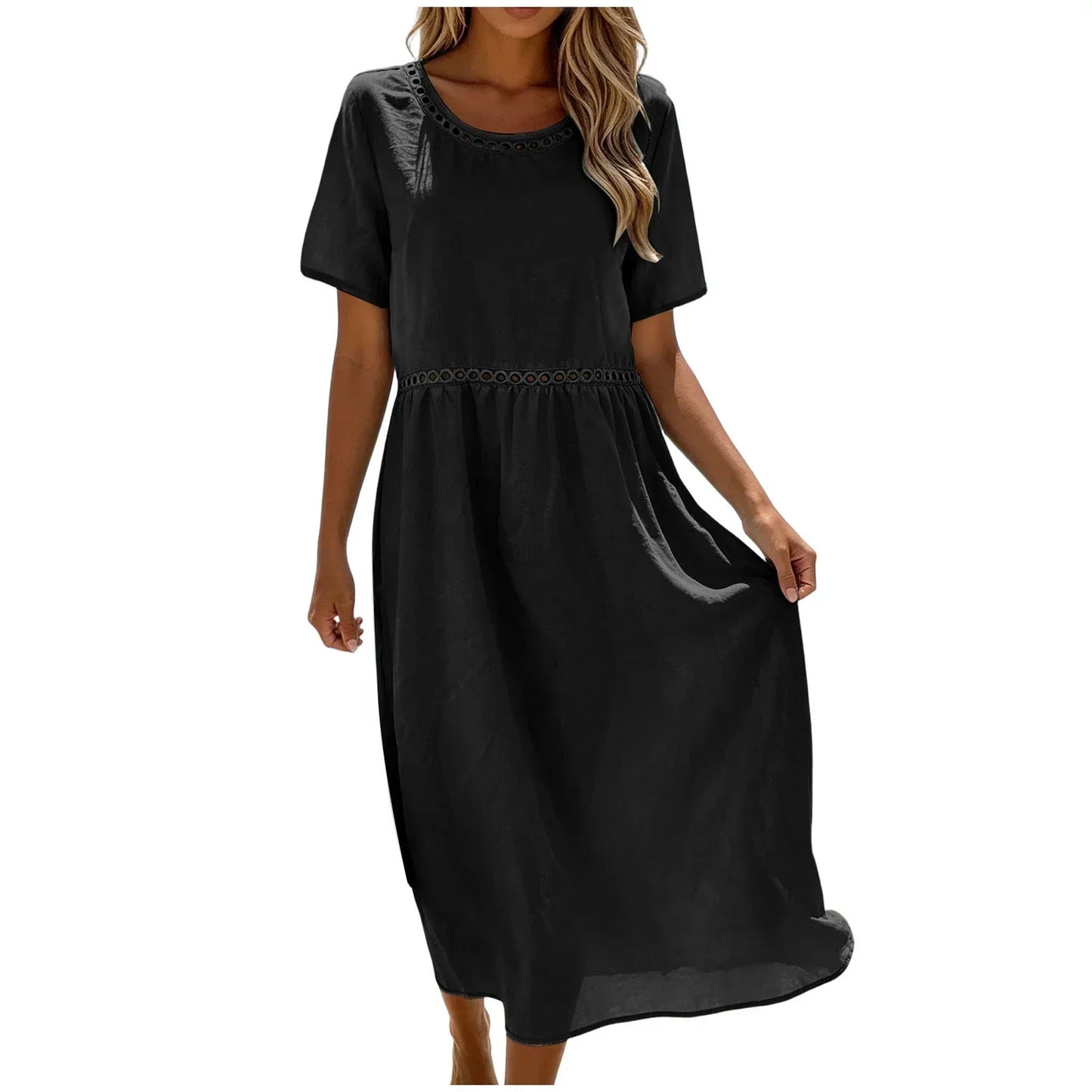 Robe longue Femme Coton Mélangé Coupe Fluide Détails Ajourés