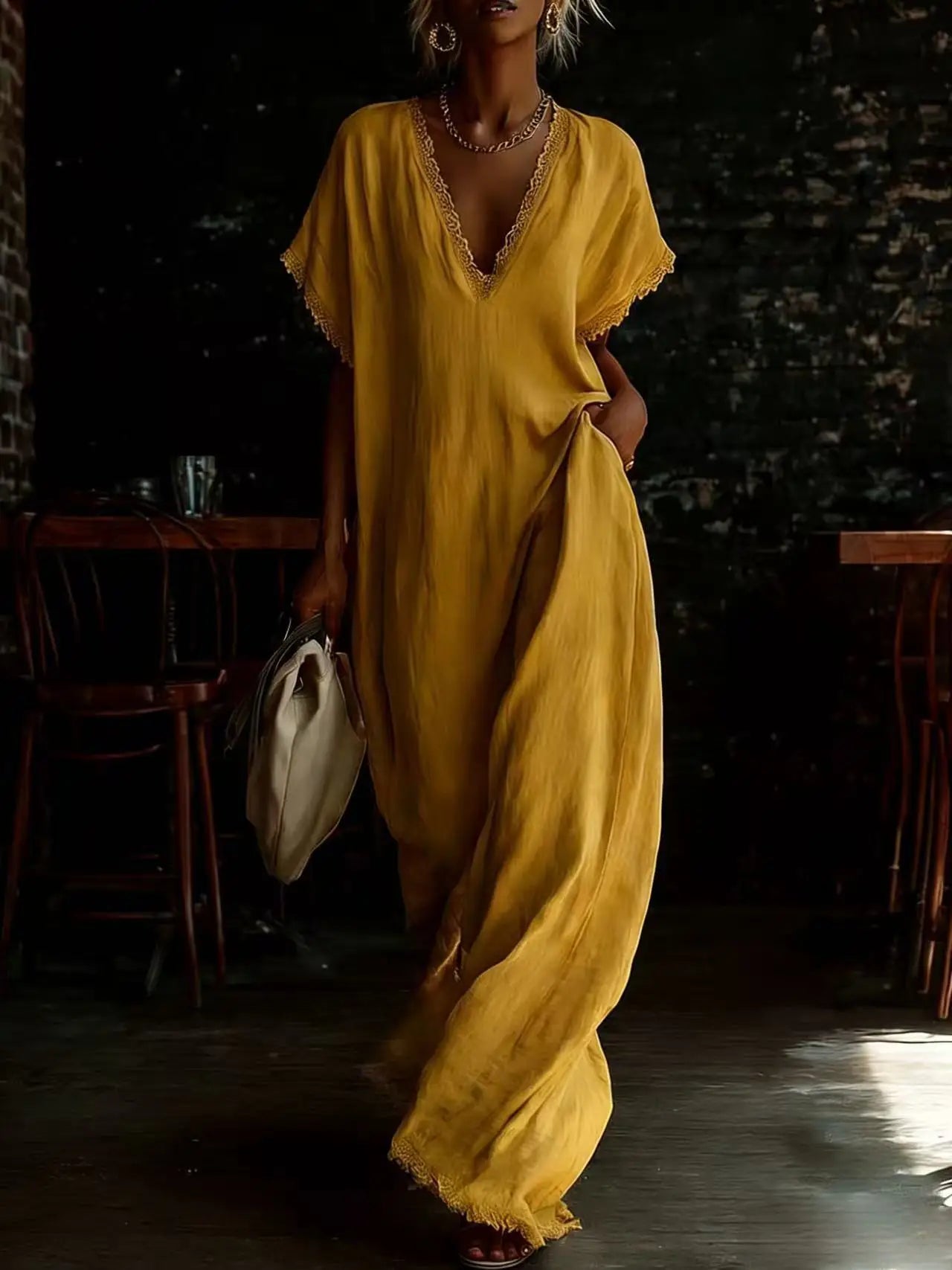 Robe longue Femme Fluide Col en V Finitions Dentelle