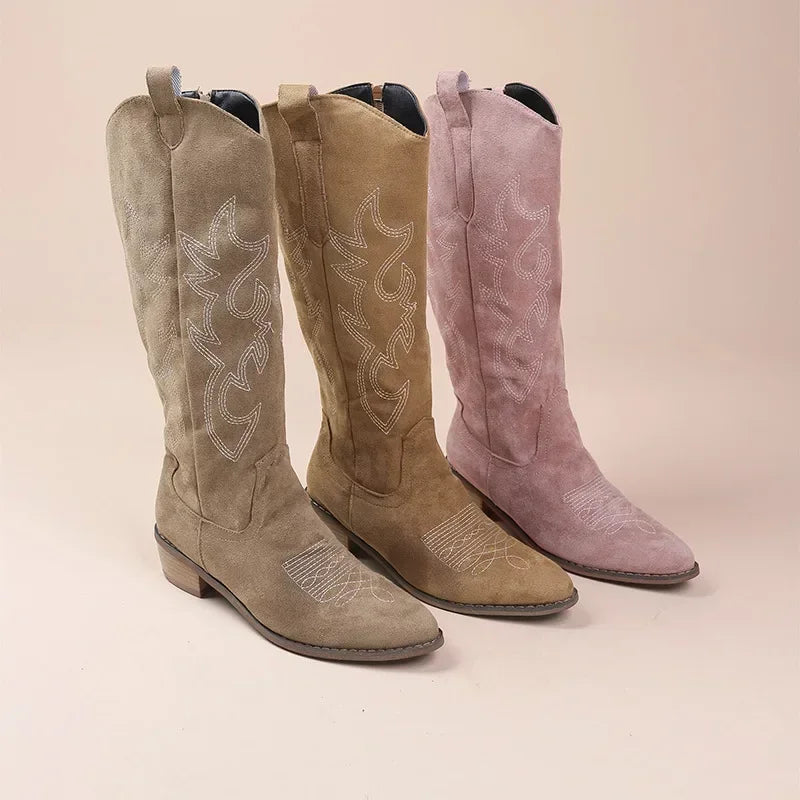 Bottines cowboy femme mi-mollet détails brodés