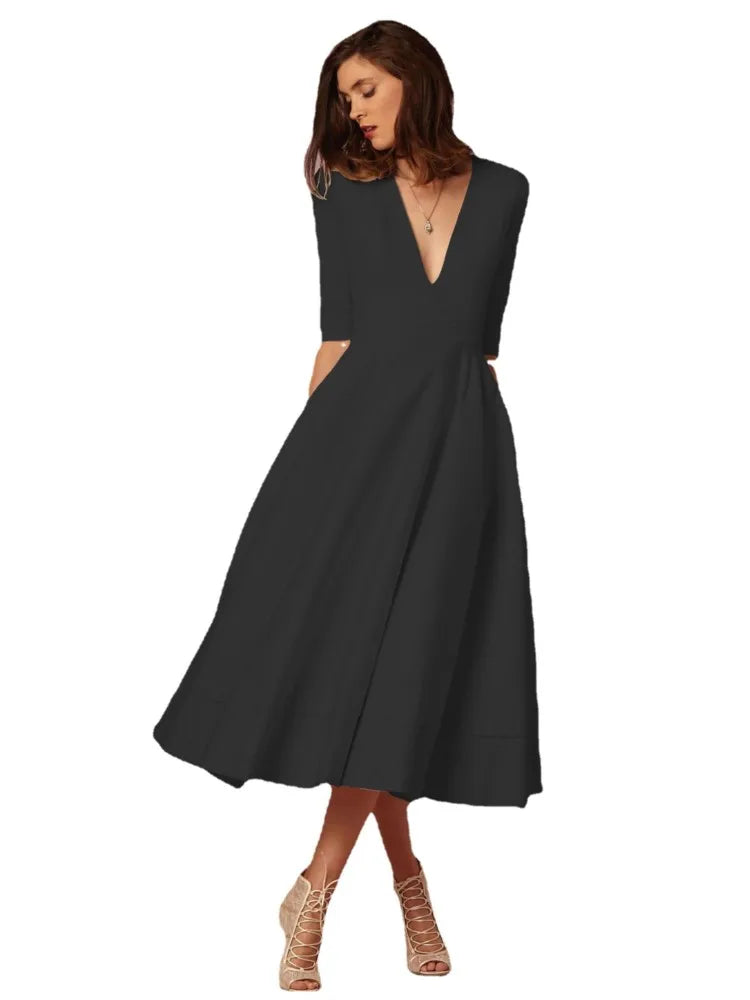 Robe Soirée Femme Col V Mi-Longue Élégante