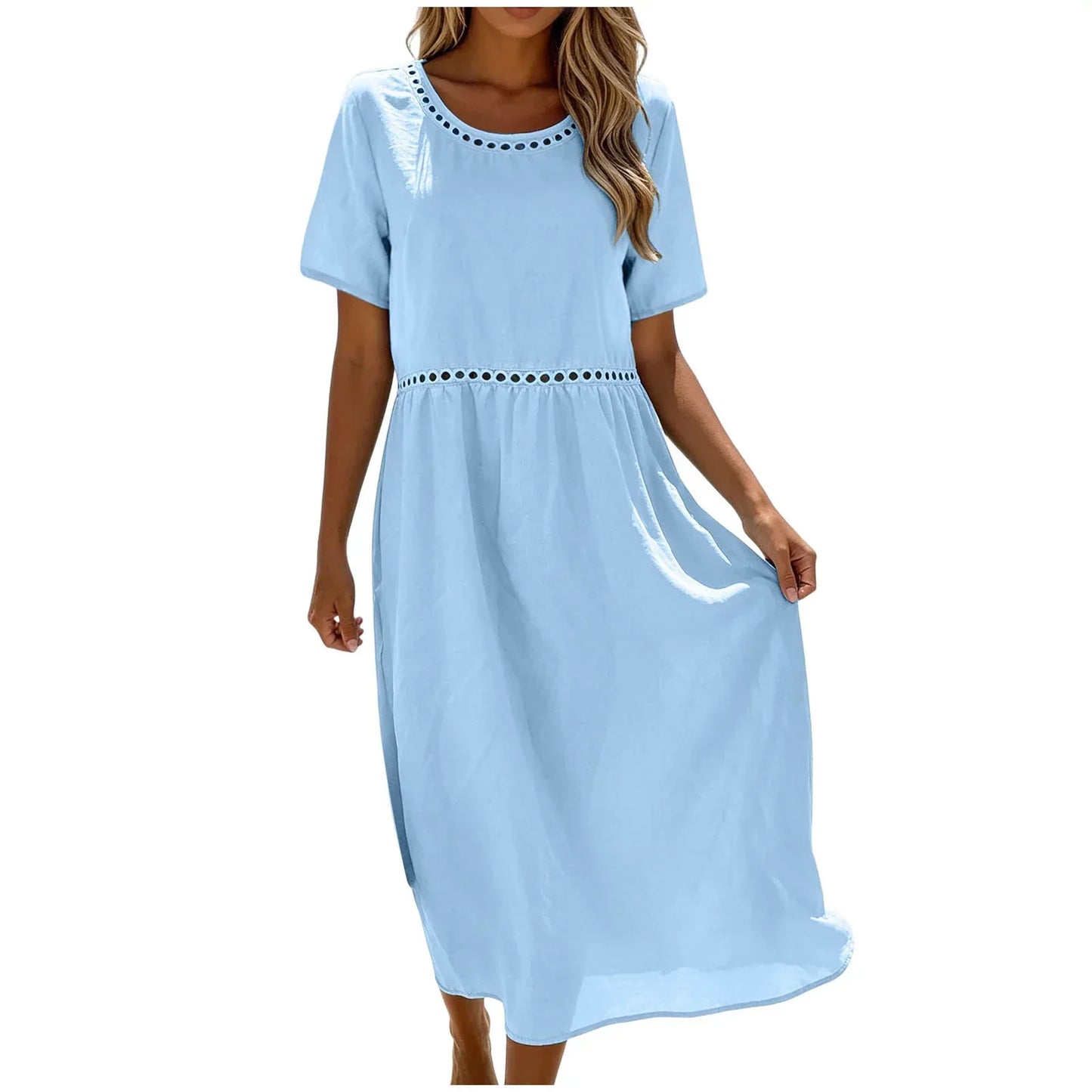 Robe longue Femme Coton Mélangé Coupe Fluide Détails Ajourés